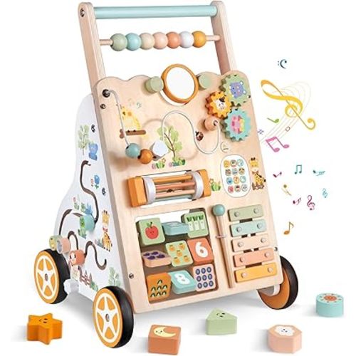 Wooden Baby Walker with Wheels, Push Walker with Baby Activity Center, Montessori Walking Toy for 1 Year Old Girls Boys, Ajustable Speed & Height Activity Toy for Toddler Learning to Walk 12+ Months