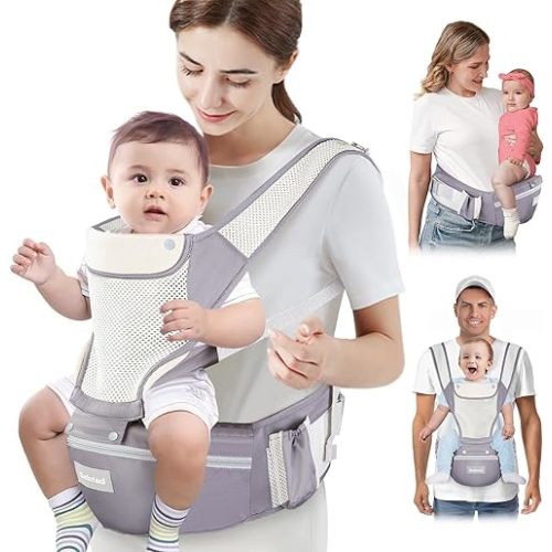 Baby Carrier Newborn to Toddler, Lightweight Ergonomic Baby Hip Seat Carrier Up to 33lbs, Adjustable Extended Waistband Infant Carrier with Breathable Sunshield, Light Grey