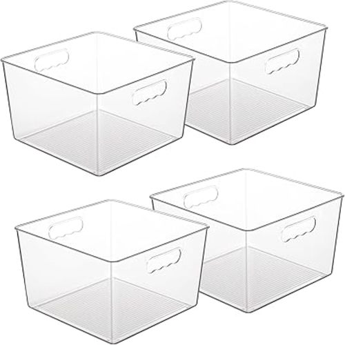 4 Pack Extra Large Clear Plastic Storage Bins, 11x11 Cube Acrylic Organizer Square Containers with Handle