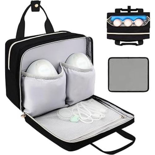 Wearable Breast Pump Bag with Cooler Compartment Compatible with Momcozy M5/S12 Pro, Elvie & Medela Pump in Style, Carrying Case with a Waterproof Mat for Breast Pump and Accessories, Black(Bag Only)