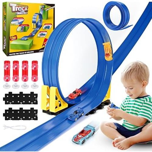 Cieex Flexible Race Track for Kids, 16.5 Ft Flex Track Set with 4 Cars & 4 Suction Cups | Roll Up Race Car Track for Indoor & Outdoor Play | Portable Toy Car Ramp Track for Boys & Girls| Birthday Gift