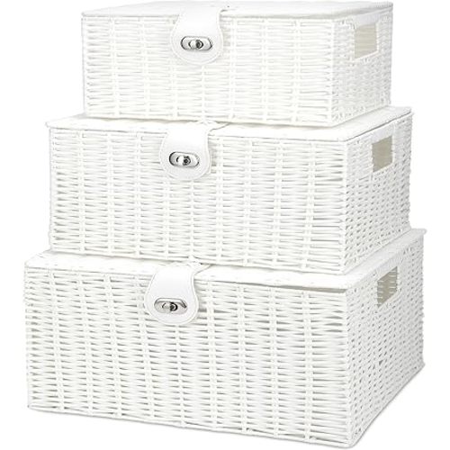 Honygebia White Wicker Storage Baskets - Set of 3 Decorative Nesting Boxes with Lids, Woven Basket with Lock & Handle, Organizer for Beauty Makeup Bathroom Decor