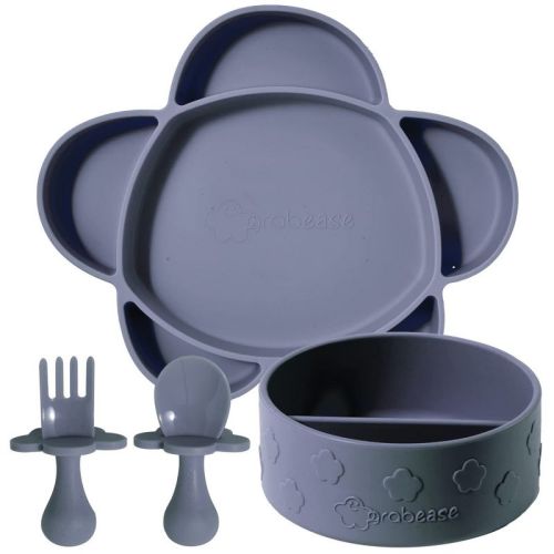 Grabease Baby Feeding Set - Silicone Plates, Bowls, And Suction Plates For Baby-led Weaning & Portion Control, 4 Piece Set, Gray