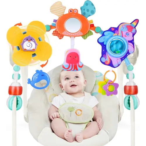 Baby Stroller Arch Toy, Crib Bouncer Bassinet Toys, Montessori Sensory Travel Infant Car Seat Toys Adjustable Mobile Activity Arch with Play Accessories (Unicorn)