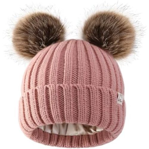 Hat Hut Toddler Beanie Satin Lined Beanie for Baby Winter Hats for Kids Pom Pom Beanie for Boys Girls