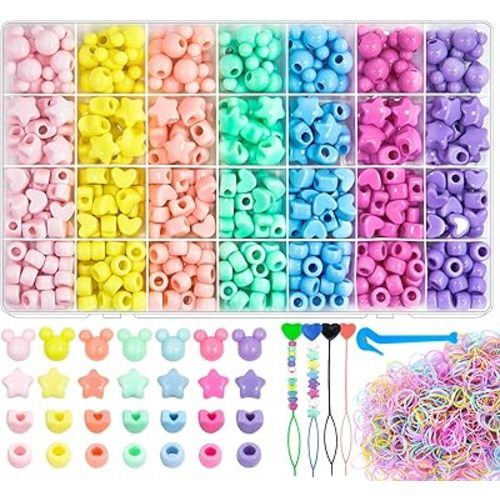 Wavlakth 1460 Pcs Hair Beads for Braids Girls, Acrylic Heart Star Pony Bead Mickey Pastel Beads with Elastic Rubber Band Threaders Kit Cute Kandi Fun Beads for Girl Hair Bracelets Jewelry Making
