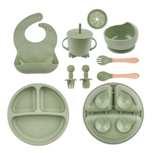 Lumikrypt Silicone Baby Feeding Set, 9 Pcs Baby Led Weaning Utensils, Baby Suction Bowl, Plates, Bib, Spoons Set, Sippy Cup with Straw, Baby Self Feeding Supplies Set