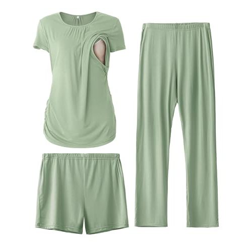 SUNNYBUY Womens Maternity Nursing Pajamas Set, Short Sleeve Breastfeeding Shirts,Pregnancy Shorts & Pants 3 Piece Nursing PJS