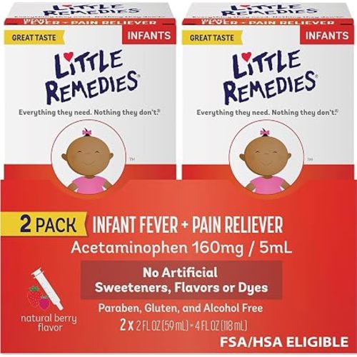 Little Remedies Infant Fever & Pain Reliever with Acetaminophen, Baby Medicine with No Artificial Sweeteners, Flavors or Dyes, Natural Berry Flavor, 2 Fl Oz, Pack of 2