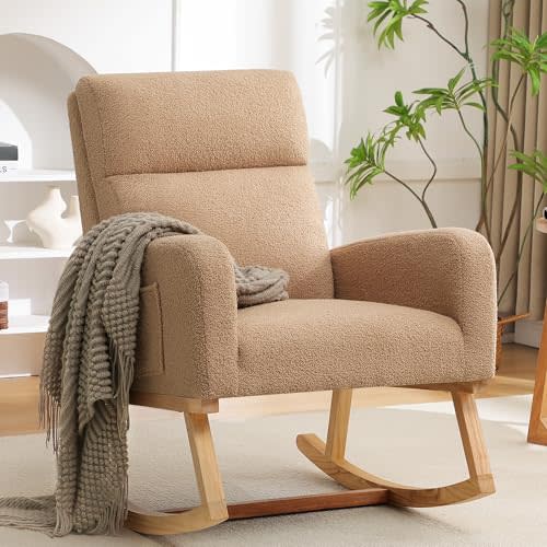 HCHAIRH Rocking Chair Nursery, Sherpa Nursing Rocking Chairs, Upholstered Nursery Glider Rocker for Mom Nursery Morden Accent Rocking Chair with Side Pocket for Living Room,Bedroom,Teddy Camel