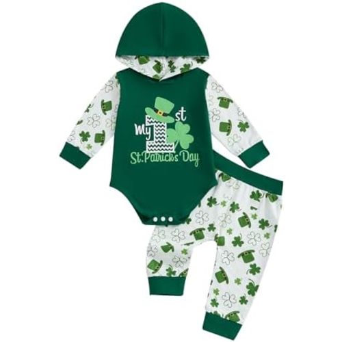BemeyourBBs My First St Patricks Day Baby Boy Outfit Shamrock Hoodie Romper and Pants Set 2 Piece Newborn Boy Spring Clothes