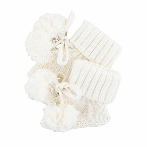 [0-3MONTHS] Knit Pom Pom Baby Booties | Ivory