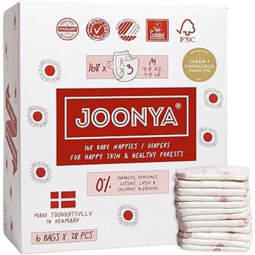 Joonya Baby Diapers, Size 4 L (15-31 lb) - 6 Bags of 25 (150) - New Range - NonToxic, Eco-Friendly, Ultra Slim, Overnight Use - Made in Denmark