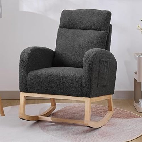 Nursery Rocking Chair with Solid Wood Legs, Glider Chair for Nursery with Two Side Pockets, Rocker Armchair for Living Room Bedroom (Dark Drey, Teddy Fabric)