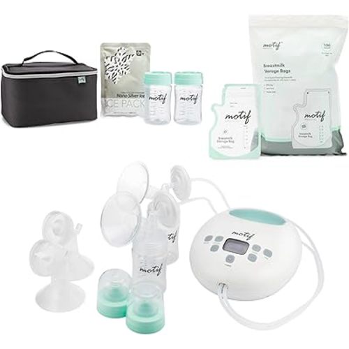 Motif Luna Double Electric Breast Pump Bundle with Luna Cooler Set and Milk Storage Bags, 6 oz - 100 Count - Milk Freezer Bag with Easy Pour Spout