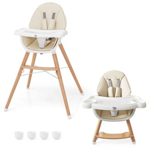 Babyjoy Baby High Chair Wooden Feeding Chair with 4-Gear Tray & Removable Cushion Beige/Grey, Color: Beige