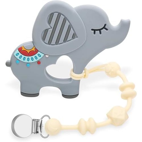 Baby Teething Toys for Babies 0-24 Months, Elephant Teether Pain Relief Toy with One Piece Design Pacifier Clip Holder Set, Freezer Safe Neutral Shower Gift for Boys and Girls (Gray)