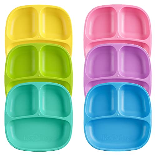 Re Play 6pk - 7" Divided Plates for Baby, Toddler & Child Feeding in Yellow, Lime, Pink, Purple, Aqua & Sky Blue | BPA Free| Made in USA from Eco Friendly Recycled Milk Jugs | Sorbet | Set of 6