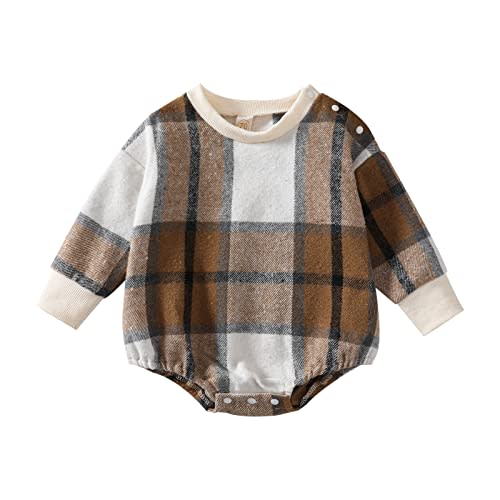 Baby Girl Boy Plaid Flannel Sweatshirt Romper Oversized Crewneck Long Sleeve Bubble Bodysuit Fall Winter Outfit
