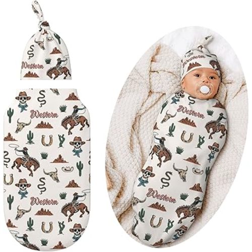 Western Swaddle Blankets Newborn Receiving Blanket Horse Baby Swaddle with Hat, Cowboy Sleeping Clothes for Baby Girls Boys
