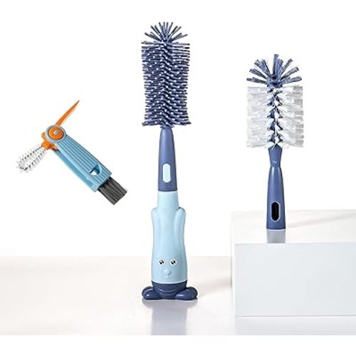 Cup Cleaning Brush, Silicone Baby Bottle Brush with Stand, Large Handle Water Bottle Brush Cleaner Set, with One Tiny Cup Lid Gap Cleaning Brush, Cup Lid Cleaner Brushes Kit, Blue