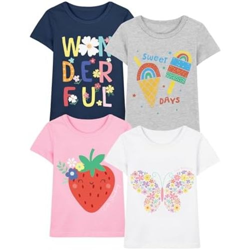 Poroka 4 Packs Toddler Girls Short Sleeve Graphic Tees Soft Cotton T-Shirts with Fun Prints Summer Tops Clothes 2T-5T