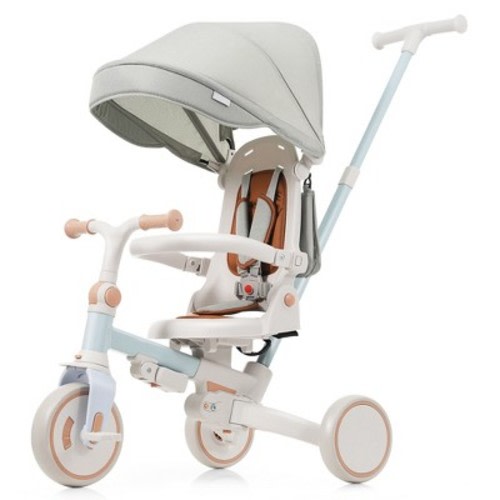 Whisen 7-in-1 Stroller & Baby Tricycle, Foldable Toddler Bike w/ Adjustable Handle, Canopy, Guardrail - Blue