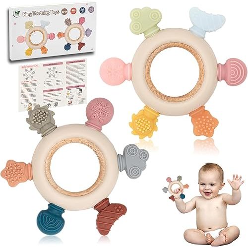 Teething Toys for Babies, 2 Pack Teether for Baby, Silicone Teething Ring for Sucking Needs, BPA Free Baby Toys 0-3-6-12 Months, Nursing Accessories Chew Toys for Teething Pain Relief
