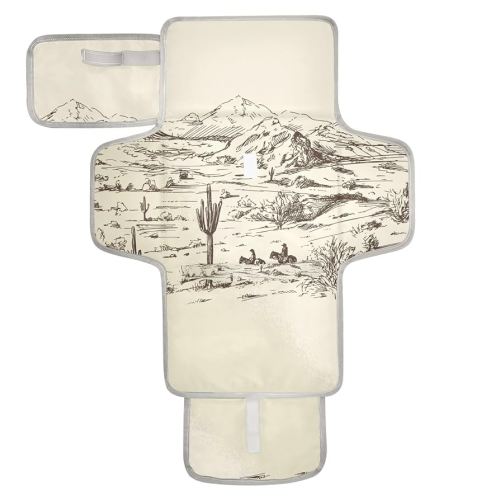 West Desert with Cowboys Portable Diaper Changing Pad - Waterproof Foldable Baby Diaper Changing Pad with Built-in Pillow, Travel Diaper Changing Mat for Newborn Baby
