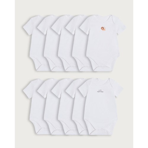 F&F Baby 10-Pack Pure Cotton Short Sleeved Bodysuits in White - Tesco Groceries