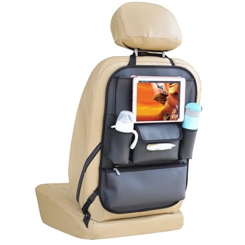 Car Seat Organizers Waterproof Backseat Protector with Storage Pocket Large Leather Kick Mats for Kids Pets Automobile SUV Truck (Black, Large Pocket)