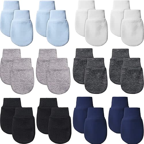 12 Pairs Newborn Baby Mittens Infant Toddler Gloves No Scratch Mittens Gloves for 0-6 Months Baby Boys Girls (Light Blue, White, Gray, Navy Blue, Black, Black-Gray, Cute)
