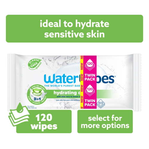 WaterWipes Hydrating Clean 99% Water-Based Aloe Vera Baby Wipes, 2 Resealable Packs (120 Wipes)