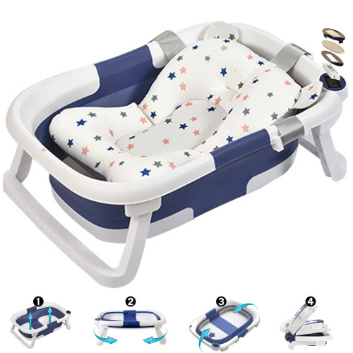 Collapsible Baby Bathtub for Infants to Toddler, Portable Travel Bathtub Multifunctional Bathtub with Drain Hole, Baby Folding Bathtub for Newborn 0-36 Month (Blue+Floating Baby Bath Cushion)