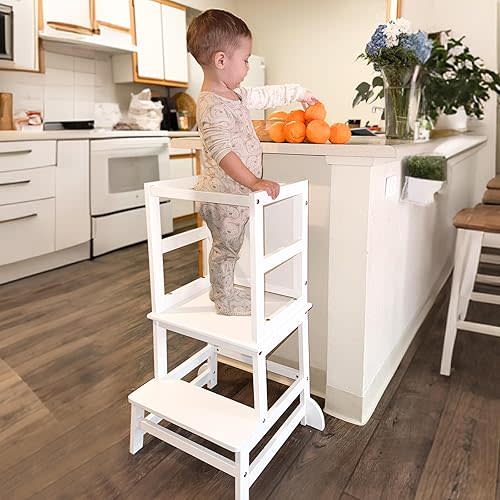 Toddler Kitchen Stool Helper, Step Stool for Kids with Chalkboard Safety Rail for Toddlers 18 Months and Older (White)