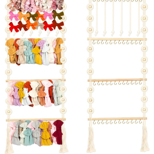 Headband Holder - Bow Holder for Baby Girl – Macrame Bow Organizer for Baby Girl w/ 48 Metal Hooks, 6 Slings & Wooden Bead – Space Saving Baby Bow Organizer – Ideal Baby Bow Holder for Expecting Moms
