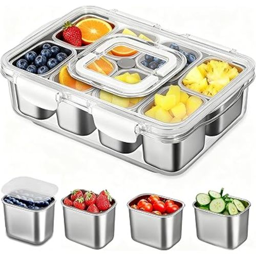 Snackle Box Container, Stainless Steel Divided Serving Tray with Lid and Handle, Portable Snack Tray for Fruit Veggie Candy, 8-Compartment Snack Platter for Travel Party Beach Picnic