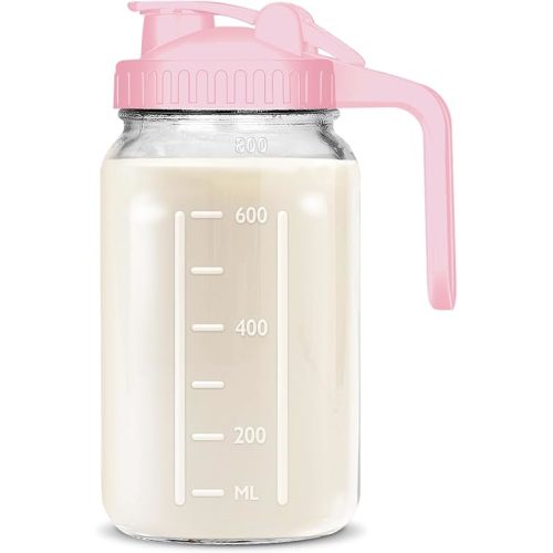 Mason Jar Pitcher, 32 OZ Breast Milk Pitcher Double Leak Proof with Pour Spout Handle, Wide Mouth Iced Tea Pitcher for Fridge, Creamer Container for Coffee, Sun Tea juice (Pink,1 Pack)