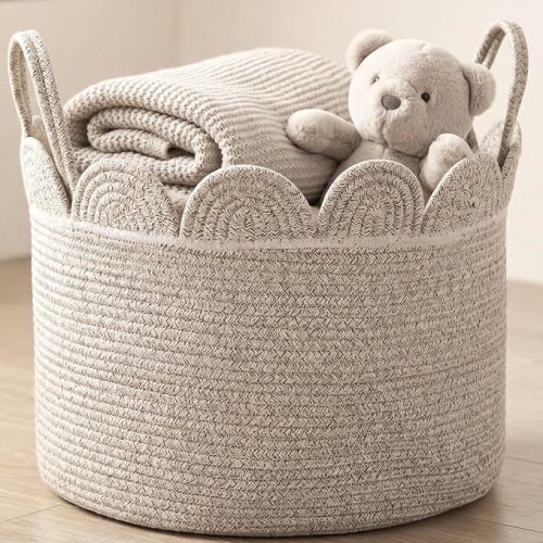 LemonRoad Brown Round Basket Large Blanket Basket 16" x 14" Scalloped Woven Baskets Cotton Storage Baskets for Nursery Classroom Closet Blankets Storage Home Decor