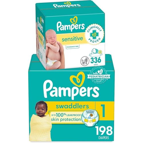 Pampers Swaddlers Disposable Baby Diapers Size 1, One Month Supply (198 Count) with Sensitive Water Based Baby Wipes 4X Pop-Top Packs (336 Count)