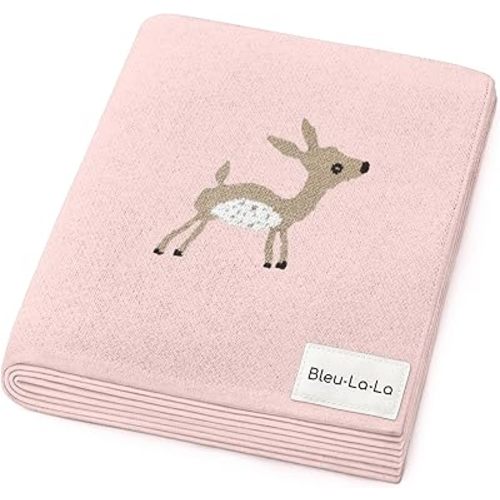 Bleu La La Knit Baby Swaddle Blanket - 100% Cotton Soft Cozy Receiving Swaddle Stroller Blanket for Shower Gift Registry for Newborns, Infants, Toddlers (Deer - Pink)