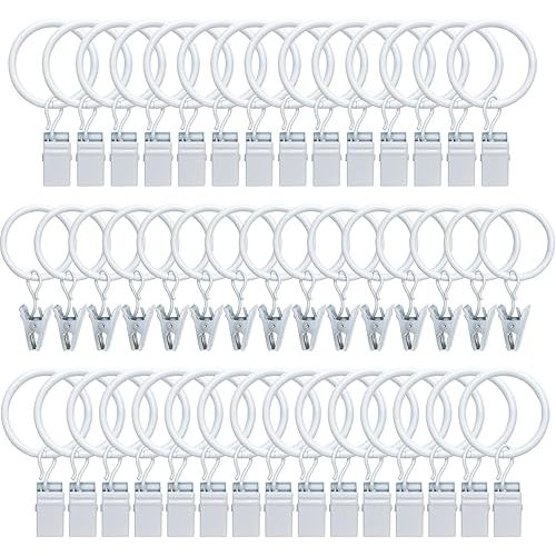 44 Pack Metal Curtain Rings with Clips, Drapery Clips with Rings, Curtain Hangers Clips, Drapes Rings 1 inch Interior Diameter,White
