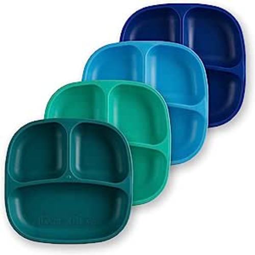 Re Play - 4 Pack 7.37" Divided Plates with Deep Sides for Baby, Toddler & Child Feeding | BPA Free | Made in USA from Eco Friendly Recycled Milk Jugs | A True Blue+ (Aqua, Sky, Navy, Teal) - Without Lid