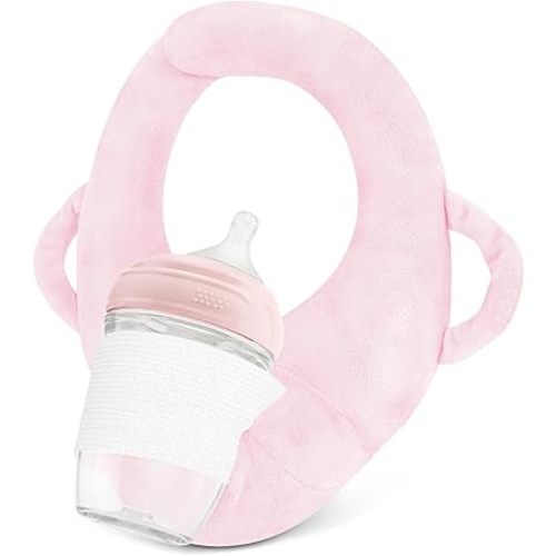 Bottle Holder for Baby Self Feeding,Baby Bottle Holder Hands Free, Bottle Propper for Baby, Portable Baby Bottle Holder, Adjustable Breastfeeding Pillows Support for Newborns with Side Handles(Pink)