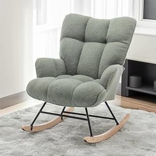 Nursery Rocking Chair, Upholstered Glider Rocker with High Backrest, Comfortable Stylish Accent Armchair with Padded Seat, Olive