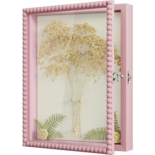 Love-KANKEI Shadow Box Frame 11x14, Deep Large Shadow Box Display Case with Unique Beads Door and Glass Window, Wood Memory Box Gift for Pictures,Medals,Memorabilia,Collections Pink