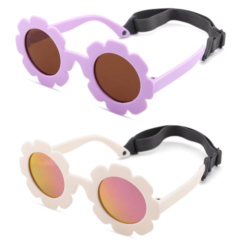 Bouryo Flexible Baby Polarized Flower Sunglasses with Strap Bendable Frame for Infant Boys Girls Ages 0-24 Months