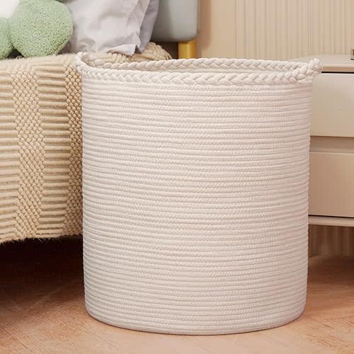 90L Oversize Woven Laundry Basket,Cotton Tall Laundry Hamper for Blankets,Clothes,Pillows,Toys,Shoes Large Laundry Bin White