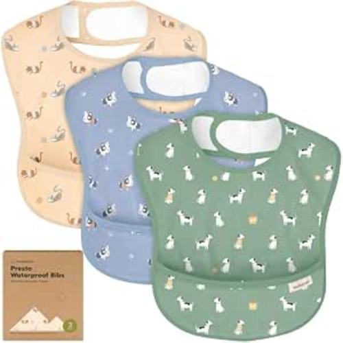 KeaBabies 3-Pack Waterproof Baby Bibs for Eating, Lightweight (Pets & Paws) | Toddler Feeding Bibs with Large Food Catcher, Mess Proof, Food-Grade, Baby Eating Essentials, Easy to Put On & Clean