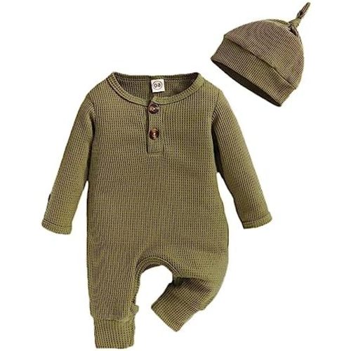 Infant Boys Girls Clothes Set Newborn Baby Romper Hat Ribbed Knit Long Sleeve Button Solid Bodysuit Jumpsuit